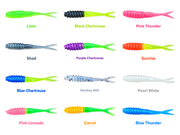 Kai's Custom Jigs 2.5-inch Crappie Fluke color chart: Lime, Black Chartreuse, Pink Thunder, Shad, Purple Chartreuse, Sunrise, Blue Chartreuse, Monkey Milk, Pearl White, Pink Limeade, Carrot, and Blue Thunder.