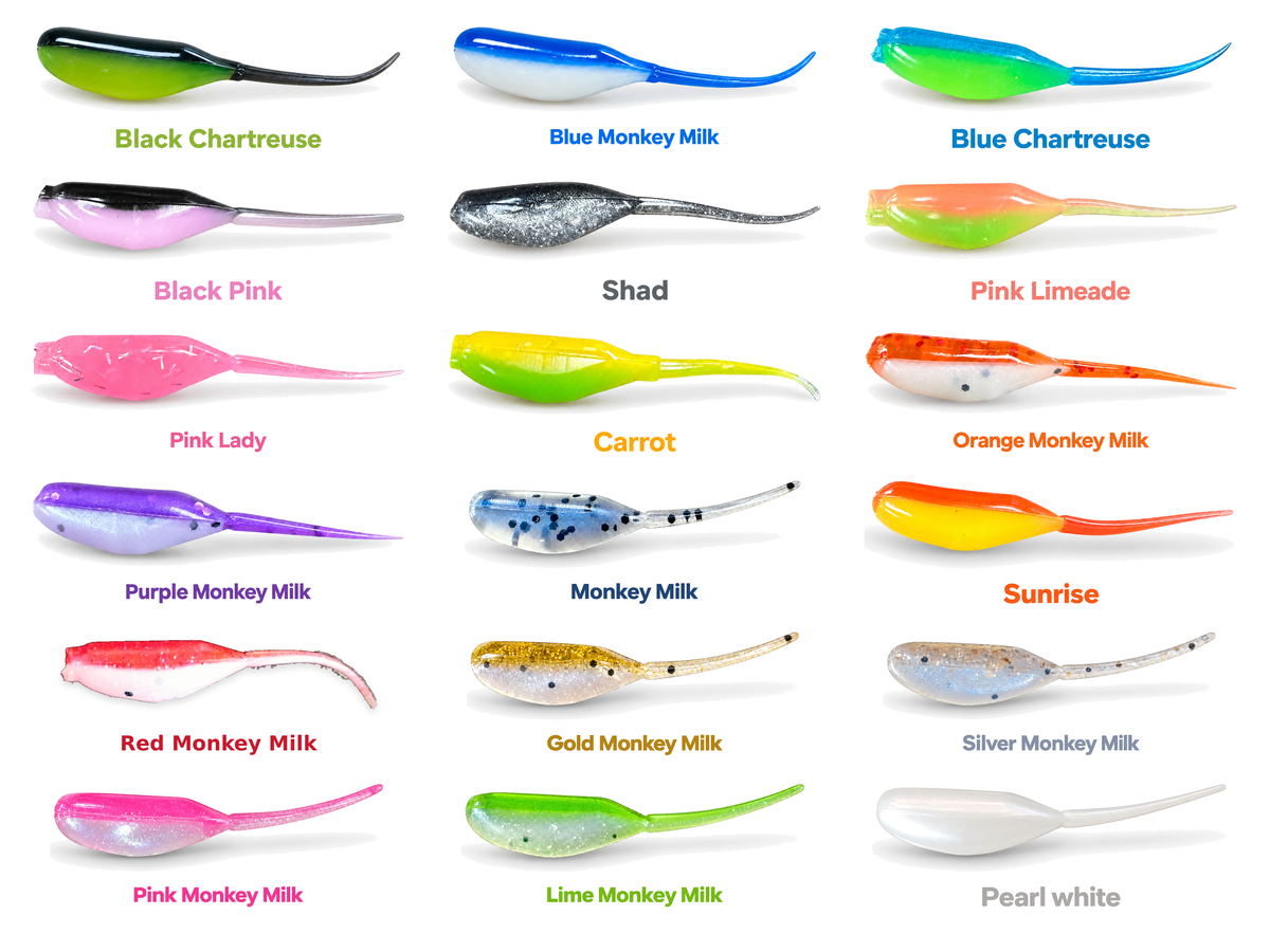 Kai's Custom Jigs 2-inch Stinger Minnow color chart: Black Chartreuse, Blue Monkey Milk, Blue Chartreuse, Black Pink, Shad, Pink Limeade, Pink Lady, Carrot, Orange Monkey Milk, Purple Monkey Milk, Monkey Milk, Sunrise, Red Monkey Milk, Gold Monkey Milk, Silver Monkey Milk, Pink Monkey Milk, Lime Monkey Milk, and Pearl White.