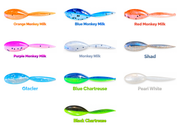 Kai's Custom Jigs 2-inch Tadpole color chart showing all 10 colors: Orange Monkey Milk, Blue Monkey Milk, Red Monkey Milk, Purple Monkey Milk, Monkey Milk, Shad, Glacier, Blue Chartreuse, Pearl White, and Black Chartreuse.