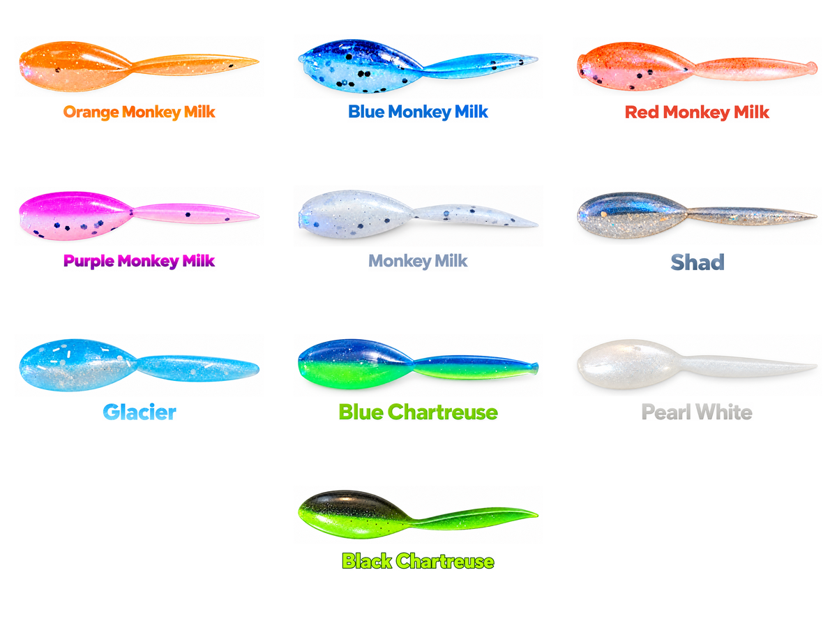 Kai's Custom Jigs 2-inch Tadpole color chart showing all 10 colors: Orange Monkey Milk, Blue Monkey Milk, Red Monkey Milk, Purple Monkey Milk, Monkey Milk, Shad, Glacier, Blue Chartreuse, Pearl White, and Black Chartreuse.