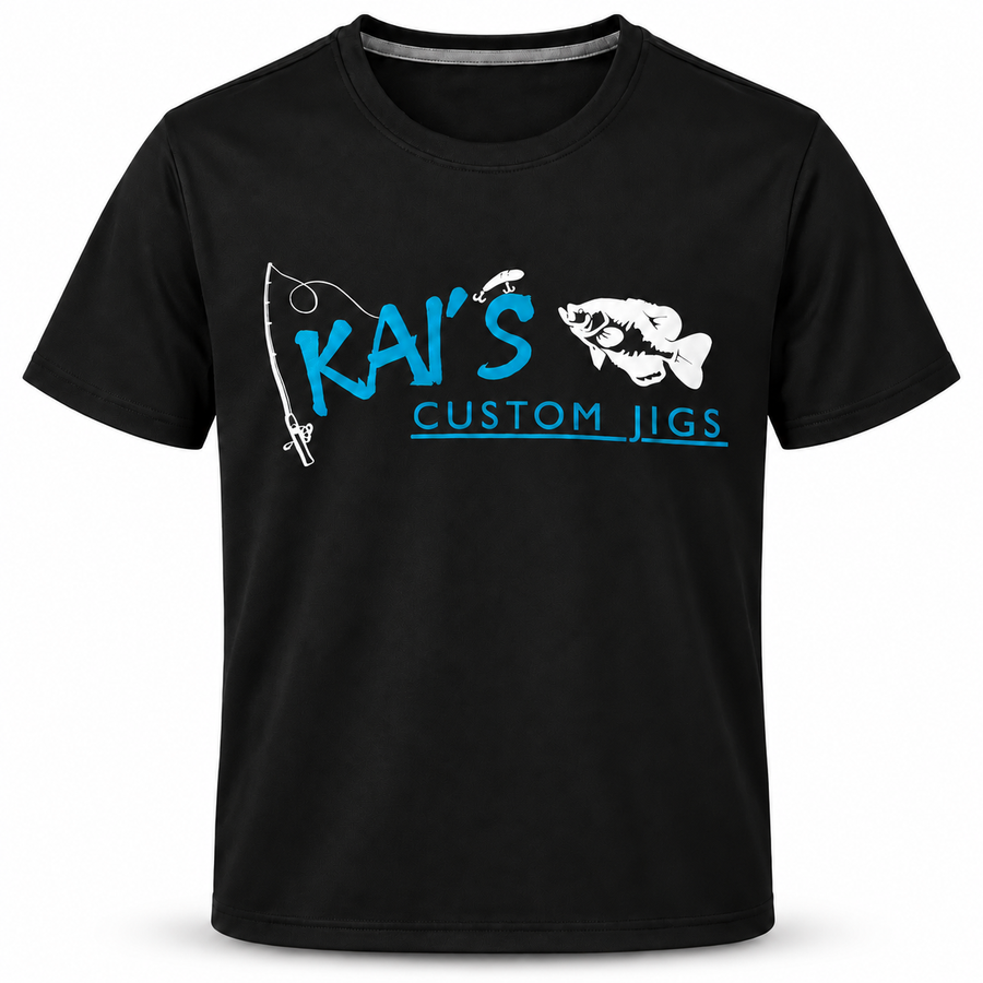 Black Kai's Custom Jigs T-shirt with blue and white fishing logo on a white background