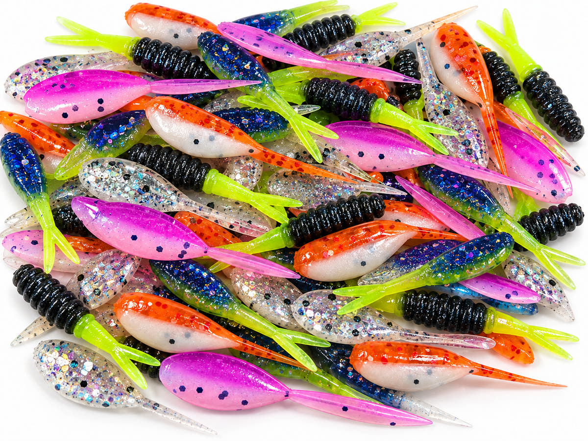 Assorted colorful Kai's Custom Jigs soft plastic fishing baits piled together on a white background.