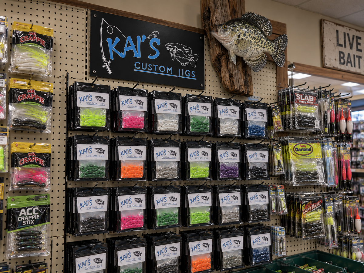 Kai's Custom Jigs retail dealer display with packaged crappie jigs