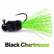 Kai's Custom Jigs Black Chartreuse hair jig with a black head and chenille body and chartreuse flash tail on a white background.