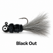 Kai's Custom Jigs Black Out hair jig with a black head and chenille body and gray tail on a white background.