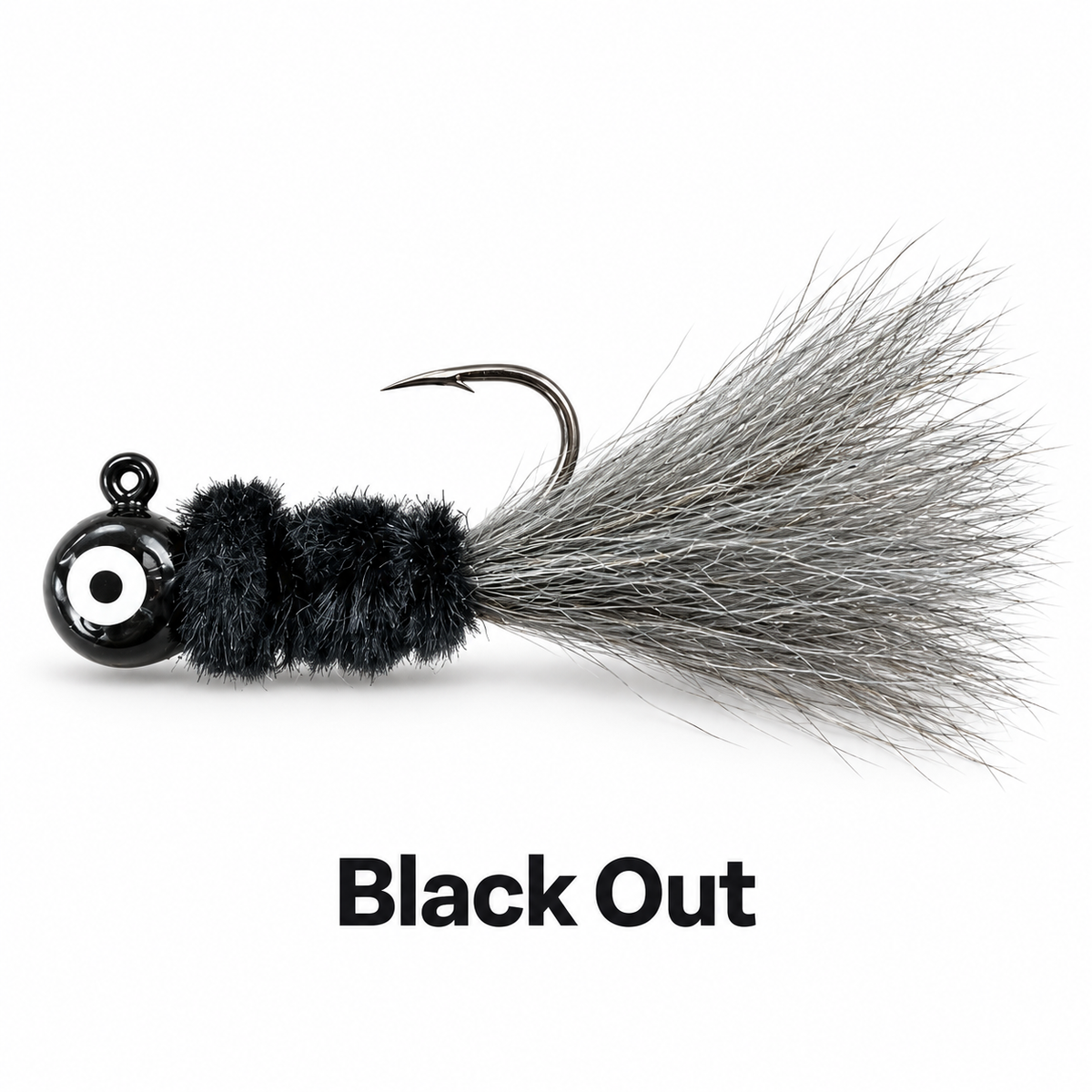 Kai's Custom Jigs Black Out hair jig with a black head and chenille body and gray tail on a white background.