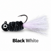 Kai's Custom Jigs Black White hair jig with a black head and chenille body and white tail on a white background.