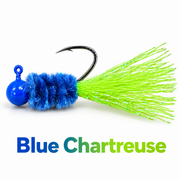 Kai's Custom Jigs Blue Chartreuse hair jig with a blue head and chenille body and chartreuse flash tail on a white background.