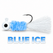 Kai's Custom Jigs Blue Ice hair jig with a white head, light blue chenille body and white tail on a white background.