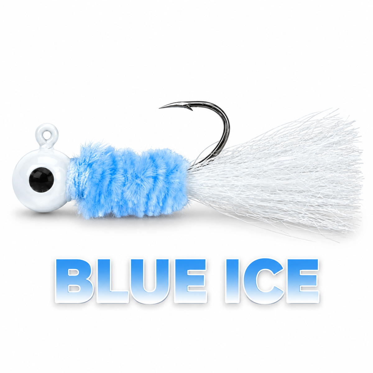 Kai's Custom Jigs Blue Ice hair jig with a white head, light blue chenille body and white tail on a white background.