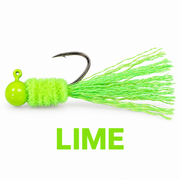 Kai's Custom Jigs Lime hair jig with a lime green head, chenille body and fiber tail on a white background.