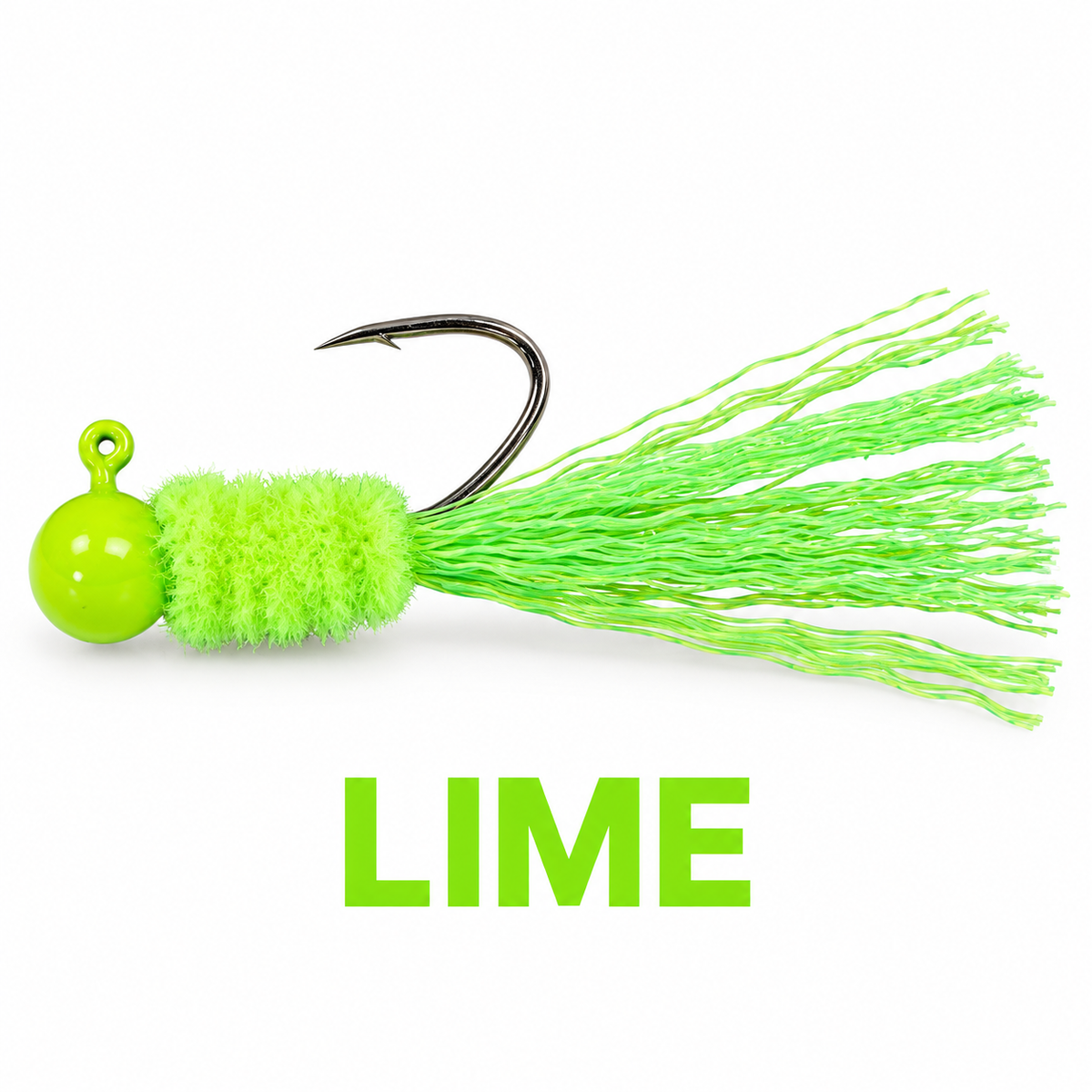 Kai's Custom Jigs Lime hair jig with a lime green head, chenille body and fiber tail on a white background.