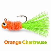 Kai's Custom Jigs Orange Chartreuse hair jig with an orange head and chenille body and chartreuse tail on a white background.