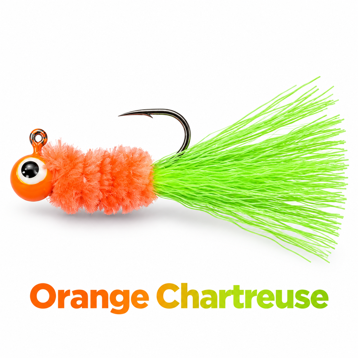 Kai's Custom Jigs Orange Chartreuse hair jig with an orange head and chenille body and chartreuse tail on a white background.