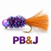 Kai's Custom Jigs PB&J hair jig with a purple head, iridescent purple body and copper-orange tail on a white background.