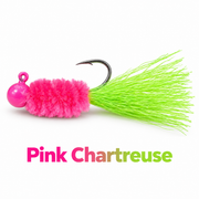 Kai's Custom Jigs Pink Chartreuse hair jig with a pink head and chenille body and chartreuse tail on a white background.