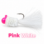 Kai's Custom Jigs Pink White hair jig with a pink head, white chenille body and white tail on a white background.