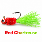 Kai's Custom Jigs Red Chartreuse hair jig with a red head and chenille body and chartreuse tail on a white background.