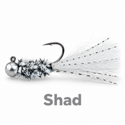 Kai's Custom Jigs Shad hair jig with a silver head, black-and-white body and white tail with metallic flash on a white background.