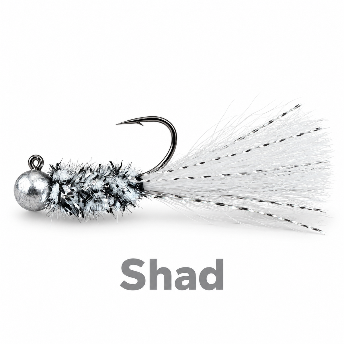 Kai's Custom Jigs Shad hair jig with a silver head, black-and-white body and white tail with metallic flash on a white background.