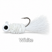 Kai's Custom Jigs White hair jig with a white head, white chenille body and white tail on a white background.