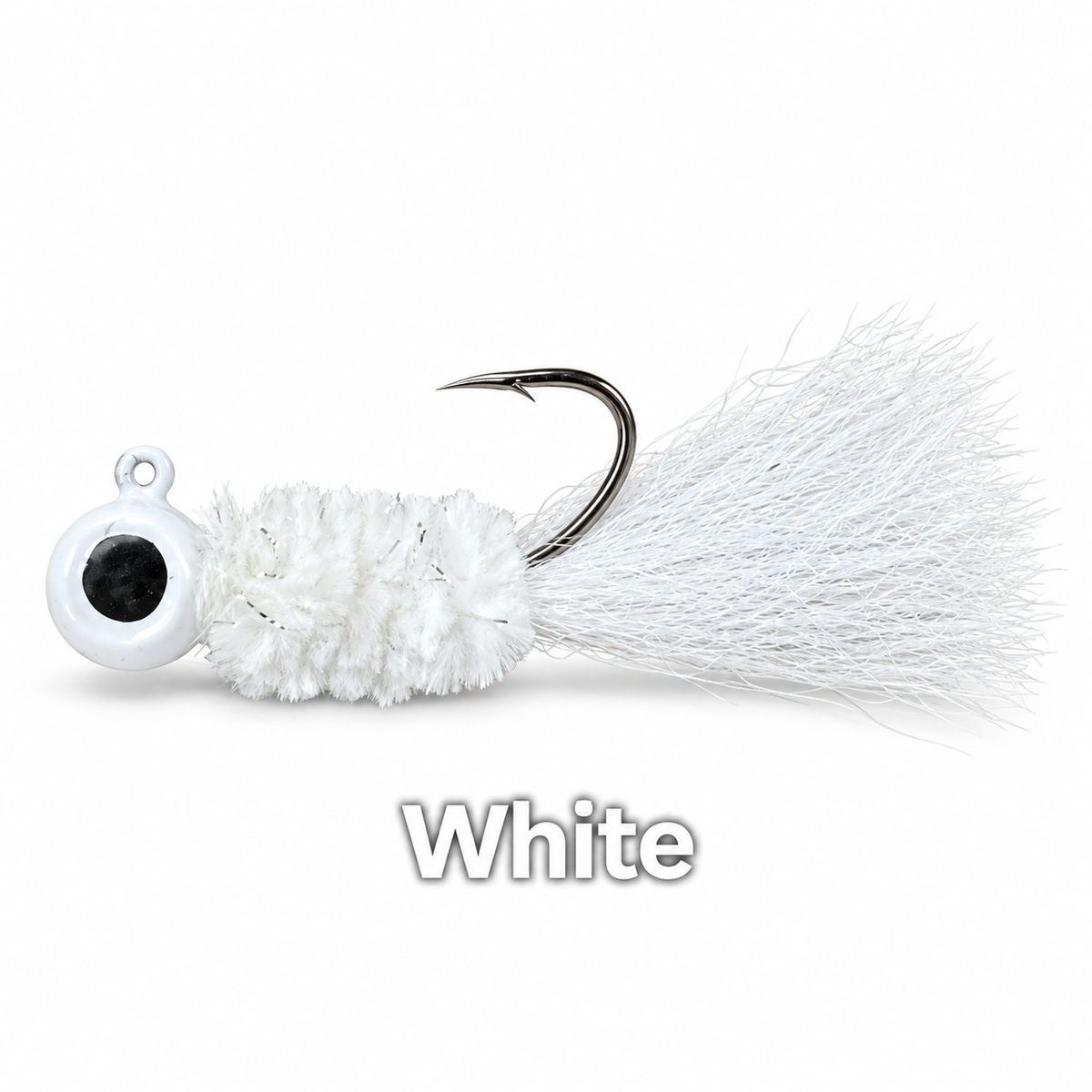 Kai's Custom Jigs White hair jig with a white head, white chenille body and white tail on a white background.