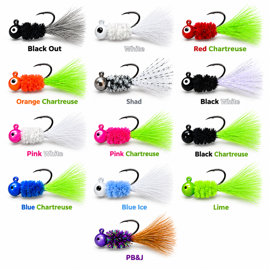Kai's Custom Jigs hair jigs in 13 colors with matching labels: Black Out, White, Red Chartreuse, Orange Chartreuse, Shad, Black White, Pink White, Pink Chartreuse, Black Chartreuse, Blue Chartreuse, Blue Ice, Lime, and PB&J.