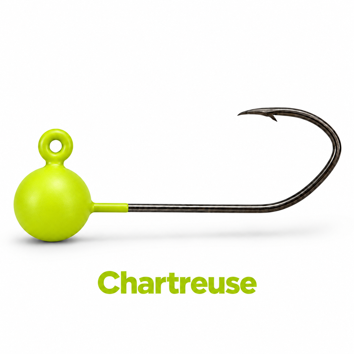 Kai's Custom Jigs chartreuse no-keeper crappie jig head with a dull matte finish and sickle hook