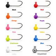 Kai's Custom Jigs No-Keeper Jig Heads in Black, Red, Orange, Purple, Pink, Yellow, Chartreuse, Blue, White, and Unpainted