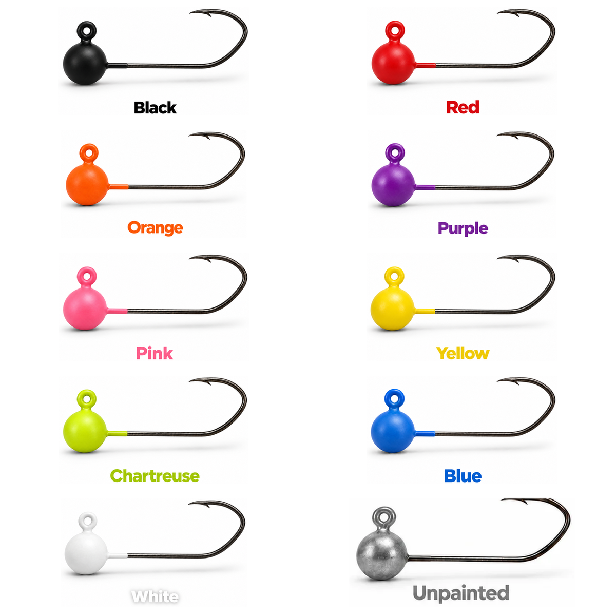 Kai's Custom Jigs No-Keeper Jig Heads in Black, Red, Orange, Purple, Pink, Yellow, Chartreuse, Blue, White, and Unpainted
