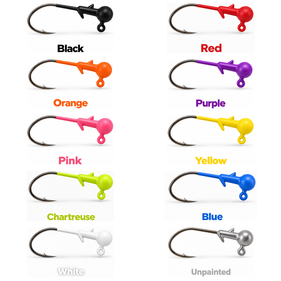 Kai's Custom Jigs crappie jig heads with bait keeper in Black, Red, Orange, Purple, Pink, Yellow, Chartreuse, Blue, White, and the original Unpainted finish