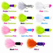 Kai's Custom Jigs Marabou Jigs color chart: Purple Chartreuse, Shad, Pink White, Pink Chartreuse, Black Chartreuse, Blue Ice, Chartreuse Pink, Light Blue Pink, Blue Chartreuse, Black Pink, and PB&J.