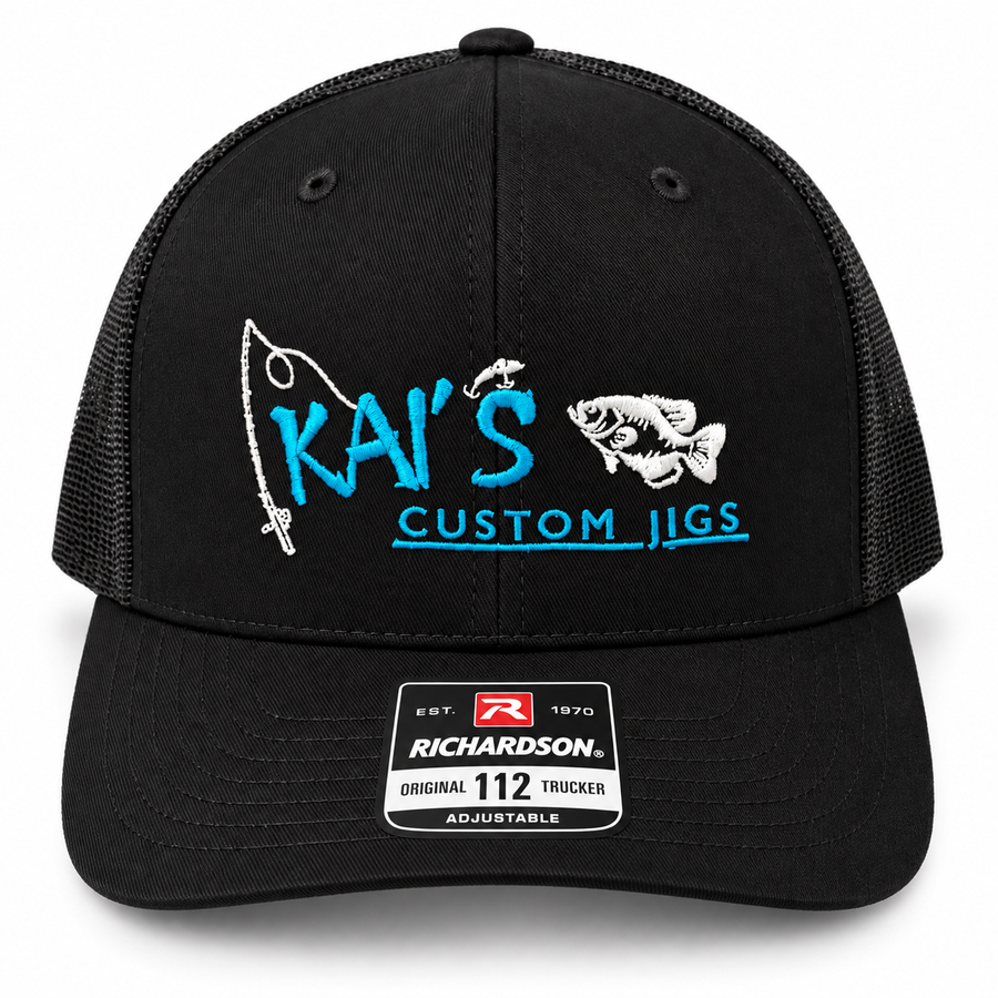 Black Kai's Custom Jigs Richardson 112 trucker hat with embroidered blue and white logo