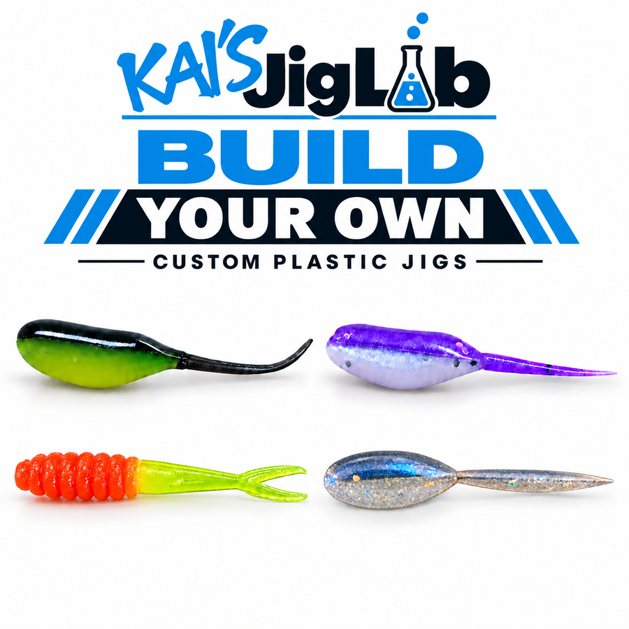 Kai's Jig Lab Build Your Own Custom Plastic Jigs, featuring Stinger Minnow, Tadpole, Crappie Fluke, and Shad soft plastic baits.