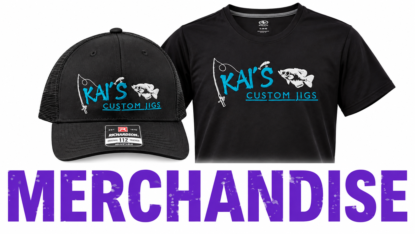 Kai's Custom Jigs Merchandise category banner featuring branded hat and shirt